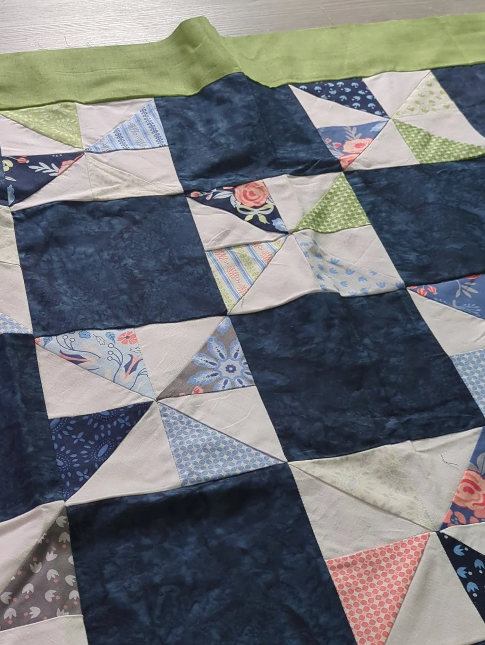 Handmade Unfinished Quilt Top UFO Blue Green Pinwheel Patchwork 41 x 35.5